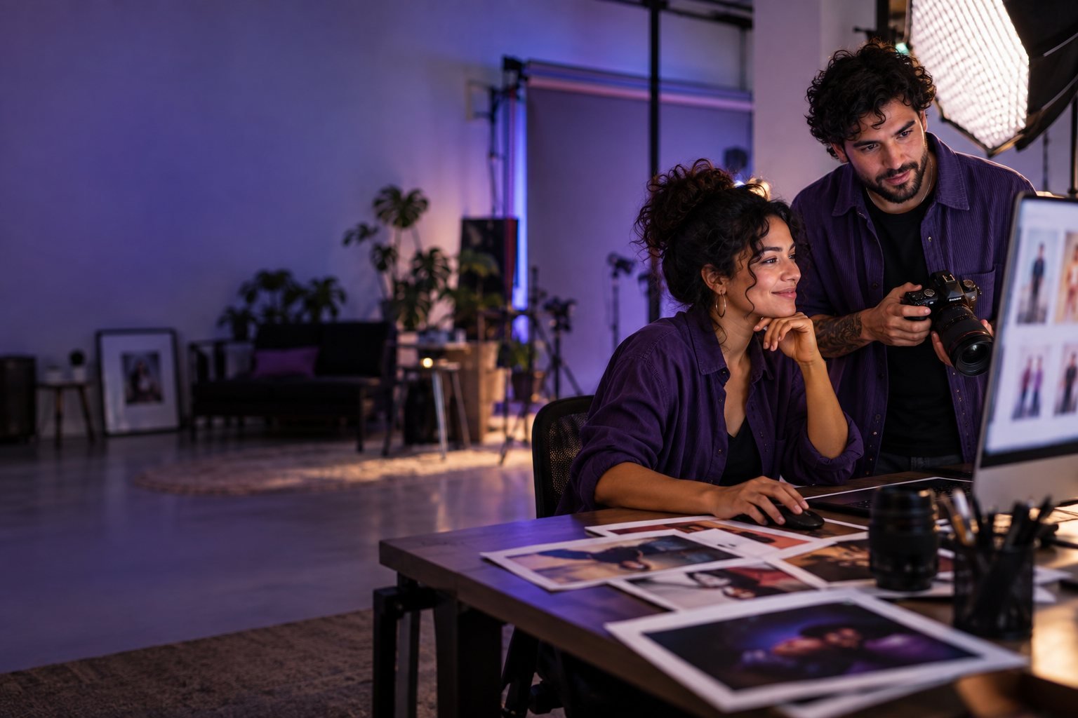 Fotógrafa e fotógrafo conferindo as fotos de um ensaio no monitor, em um estúdio com luz violeta