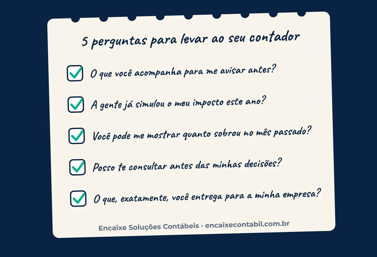 Checklist com as 5 perguntas para levar ao contador: o que você acompanha para me avisar antes, já simulamos o meu imposto este ano, quanto sobrou no mês passado, posso te consultar antes das decisões e o que você entrega para a minha empresa.