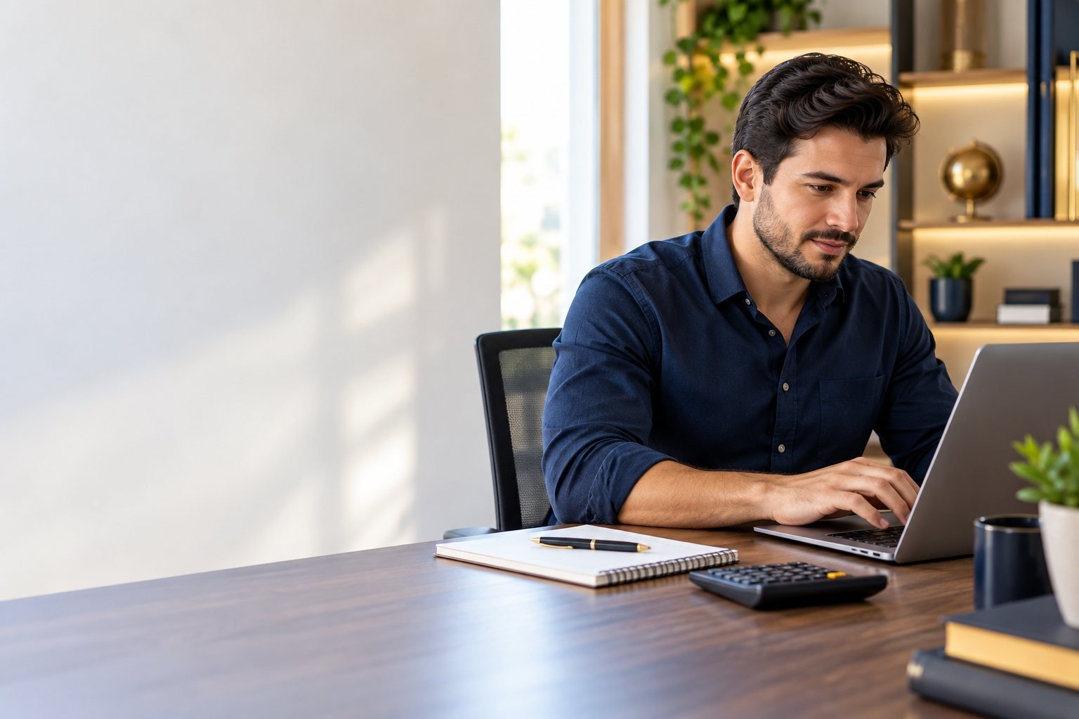 Profissional autônomo trabalhando no notebook em um home office claro, com caderno e calculadora sobre a mesa